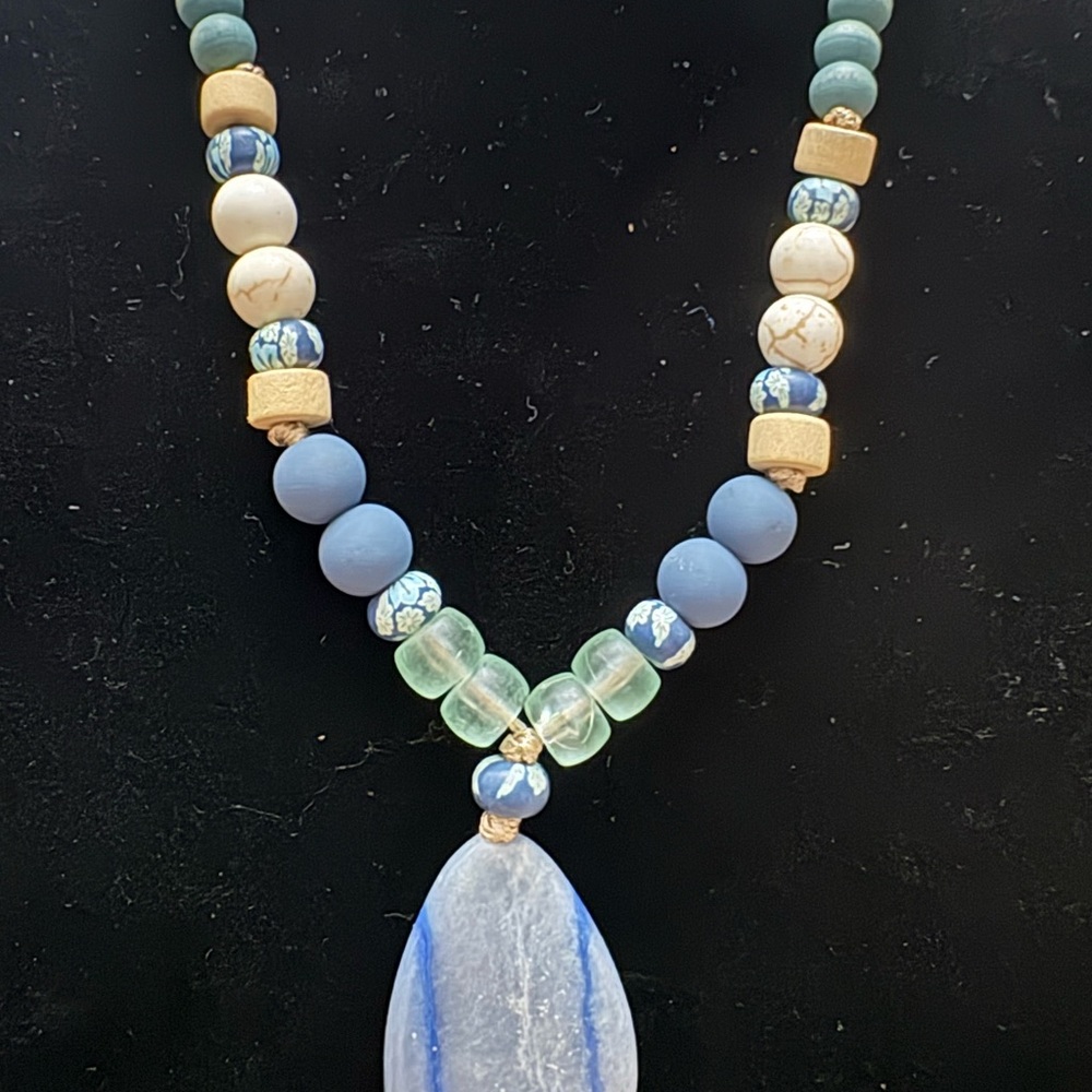 Beaded Necklace with Blue Gemstone Pendant